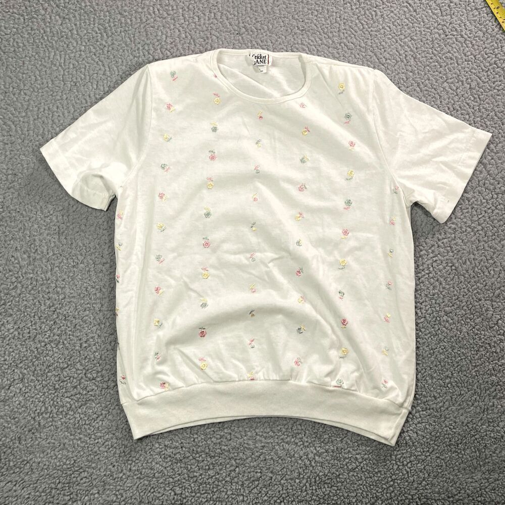 Vintage Cricket Lane T Shirt Women's Short Sleeve Floral Embroidery White Medium